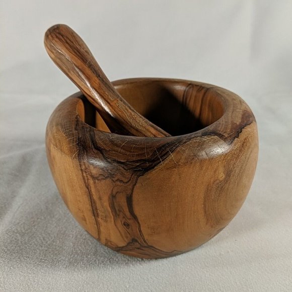 Vintage Olive Wood Herb Spice Grinder Mortar & Pestle Farmhouse Rustic Handmade - Picture 1 of 16